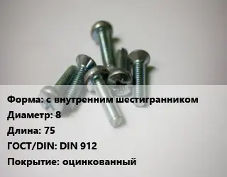 Винт с внутренним шестигранником 8х75 DIN 912 оцинкованный